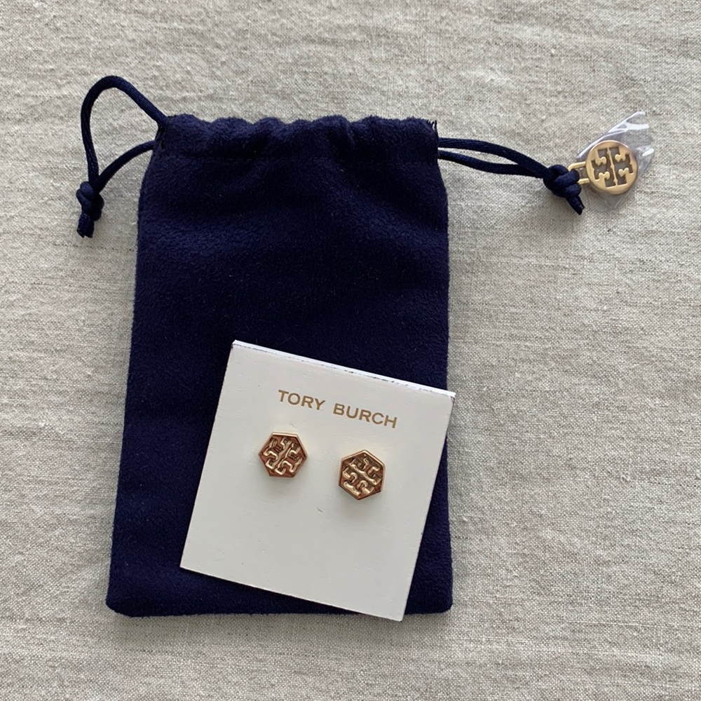 Tory Burch Classic Hexagon Gold Logo Stud Earrings